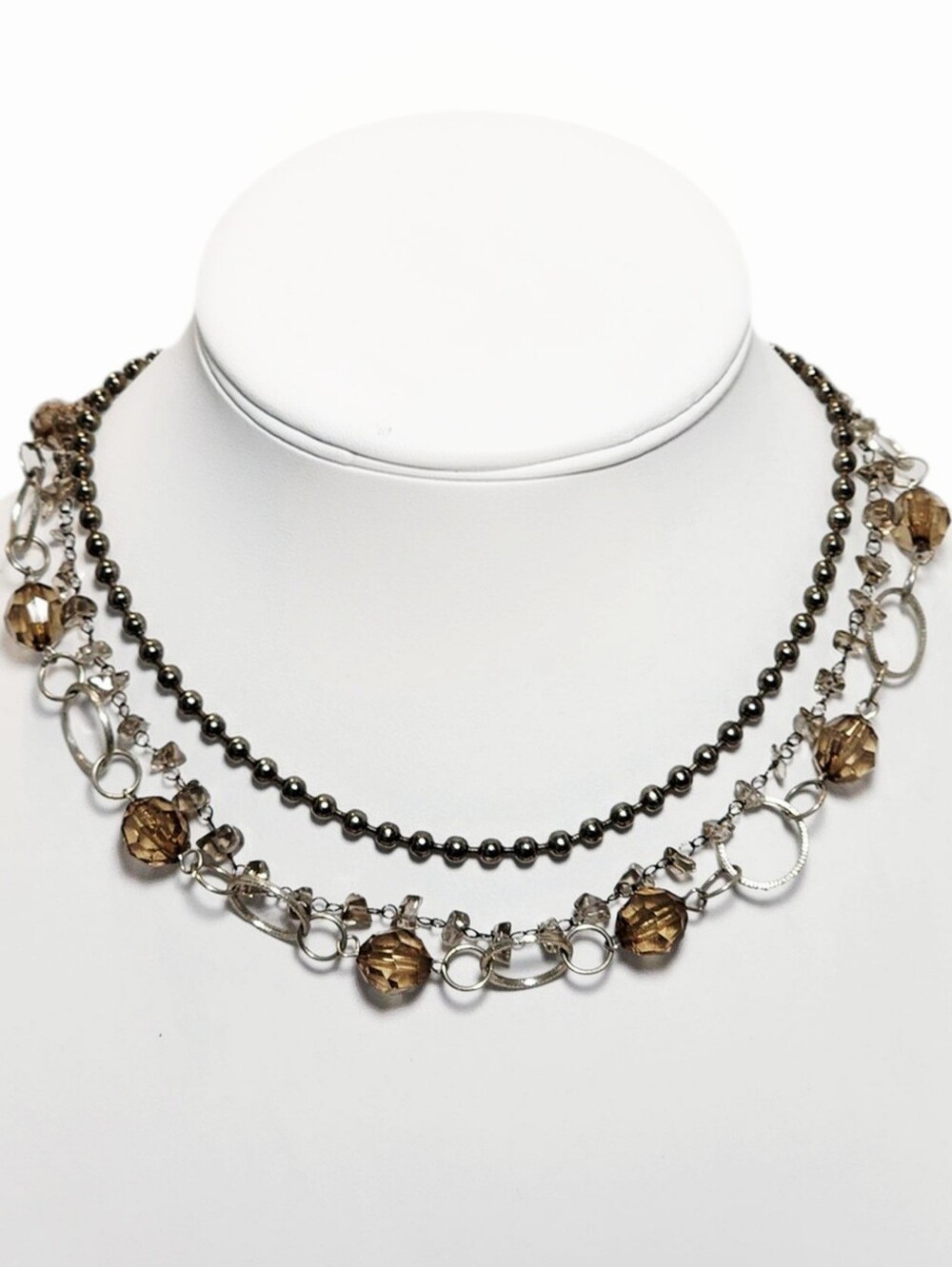 Boho Gunmetal Beads, Semi-Precious Stones Faceted Acrylic Bead 3 Strand Necklace